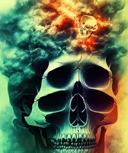 broken realistic skull. black background. smoke and explode. particles in air. teal and orange. watercolor and ink. abstract. beksinski.