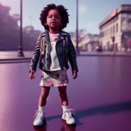 Zaire betz toddler, full body, leather jacket, floral shirt, floral skirt, Nike sneaker, soft skin, city background, dramatic lighting, hyper realistic