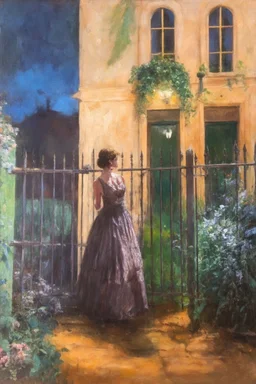 Night, one woman, ancient house, vegetations, flowers, metal gate, dirt, horror gothic films influence, hyperrealism, charles leickert, and anna boch paintings