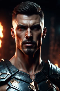 Muscular male Commander with short hair and a goatee beard. Photorealistic. 4k. Dark fantasy dungeon