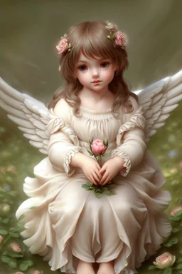 general view: a very small and delicate charming one-year-old angel with a perfect face with straight brown hair from heaven sits in the garden on a blanket of cut roses and holds a red rose flower without a branch, in front of her liesa large fluffy gray cat, jean baptiste monge style, without inscriptions, logos and extraneous stamps, there should be no extra fingers and toes, don't make your cheeks scarlet red elegant fantasy photorealistic beautiful ultra detailed cinematic postprocessin