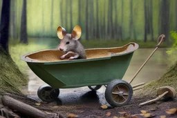 mouse in wheelbarrow, in forest by lake