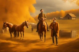 Fascinating, ultra-realistic nature in the photo. Golden autumn. A 32-year-old man in 19th-century Russian clothes walks towards the horses with his head raised to the sky, a smile on his face. In the background, a 19th-century estate and three horses stand at the outhouse.
