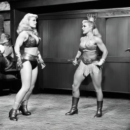 [Amateur high res photography by Ray Harryhausen: confrontation, face to face, hands on hips] Next up on the apartment house carpets will be blonde Jody taking on Luchadora Sierra. This will be Sierra's membership match. Can the tall, willowy, toned and muscular, Sierra, get past the famous Jody "Fall" Banks? We will soon find out just how well the braided haired beauty has been prepared to defeat the blondie girl for our club