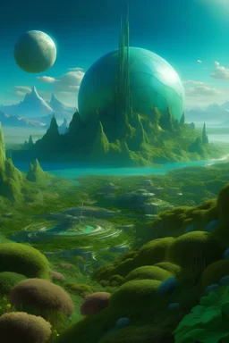 A beautiful landscape of an earth-like planet, abstract, sci-fi, hyper-realistic, super detailed, 8k, futuristic, marble, kaleidoscope using only shades and hues of green and azure, james webb telescope inspired, floral lush biome. highly technological society, inspired by egypt and babylon, pyramids in the distance, cityscape, perfect circles