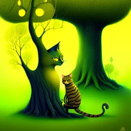 Drawing of a yellow cat sitting in front of a tree, the background is green, storybook illustration by Gediminas Pranckevicius, featured on deviantart, gothic art, magical fairy tale atmosphere, storybook illustration, dark and mysterious