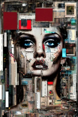 Ultra detailed medium portrait painting of a half naked woman sitting on a chair, no nudity, bended over, dark room with little light coming from an open door behind her, torn up collage of clippings, broken circuitry background, matrix effects, punk visual art, punk art aesthetic, graffiti art, pop surrealism, collage art, cluttered paint glitches