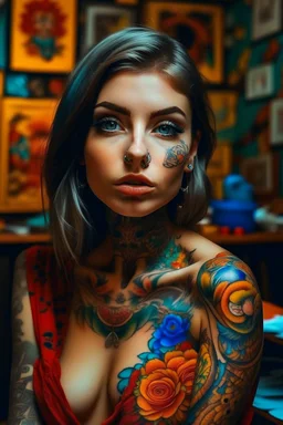 Beautiful Arab woman, petite, short, big eyes and lips, vibrant color, neck tattoo and full sleeves tattoo. , thin, tattoos connected, Full coverage chest tatoo, tattoo style complex and colorful and large drawings Fujifilm xt3 by (petra collins|roe ethridge, elllen von unwerth, Jan Saudek)