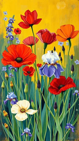 blooming garden of poppies and iris Painting in Bosch painting art style painted by Patrick heron , source pinterest , singulart or devian art