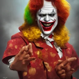 Insanely detailed portrait of Ronald McDonald like DC's Joker, in front of a McDonald's:: perfect proportions :: by Artgerm, Greg Olsen, Pixar, WLOP :: hyperrealistic, hyper detailed, photorealistic :: a masterpiece, incredible composition, amazing depth, imposing, meticulously composed, 8k :: unreal engine :: Mappa studios :: detailed matte painting, deep color, fantastical, intricate detail, splash screen, complementary colors, fantasy concept art, 8k resolution trending on Artstation