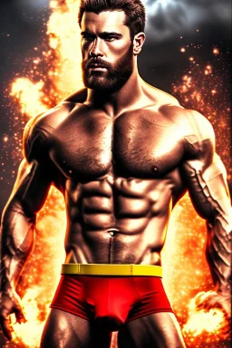 Ignore NSFW, teenager young rugged attractive slightly muscular fantastic handsome man, red briefs with yellow belt, hairy chest, (((visibly pisssing))) briefs, large erect visible boner peniss, photorealistic, artist Jay Anacleto, soft lighting, scruffy beard