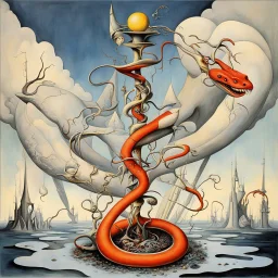 Snakes of Forbidden knowledge inhibit a surreal Caduceus, by Yves Tanguy, by Gerald Scarfe, asymmetric surrealism, sharp focus, geometric dreamscape, complimentary primary colors, double helix figure, snake alf