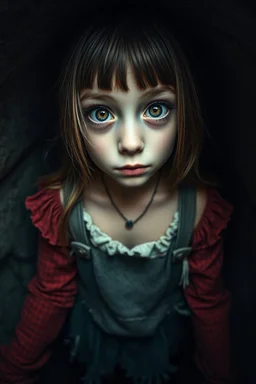 Closeup tall Girl goth with big eyes, around her valves, inside claustrophobic, ragged clothes, fullbody, the perspective looking up from the bottom of an empty well , 8k,macro photography,