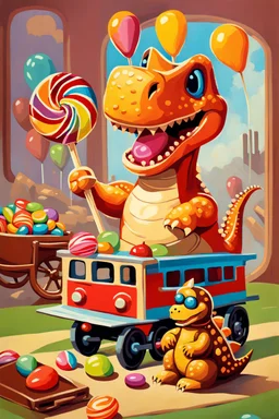 How about this: "Sweet Surprise at Playtime"? It's a still life painting featuring a toy dinosaur holding a giant lollipop like a trophy, while a toy robot sits beside it, offering a chocolate bar with a mischievous grin. In the background, a toy train chugs along, pulling a wagon filled with colorful candies. It's a delightful blend of childhood nostalgia and sugary treats, sure to bring a smile to anyone's face!