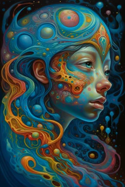 A mesmerizingly intricate Slime girl, each feature meticulously crafted with vibrant colors and surreal details: shimmering tendrils of slime flowing like liquid silk, iridescent patterns swirling across her skin, and eyes that seem to hold galaxies within. This breathtaking masterpiece of surrealism is a painting that exudes a sense of otherworldly beauty and meticulous attention to detail, captivating viewers with its high quality execution and dreamlike allure.