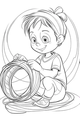 Outline art for coloring page OF A BOY PLAYING WITH A TOY SLINKY IN 1950, coloring page, white background, Sketch style, only use outline, clean line art, white background, no shadows, no shading, no color, clear