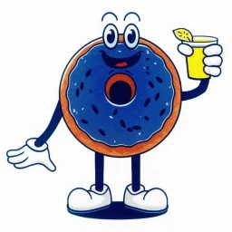 retro Cartoon mascot of a donut holding a glass of lemonade, gloved hands, white shoes,