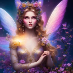 bright fairy, beautiful portrait, flowery landscape, cosmic ambiance