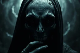 Darkness is sometimes sa moment of gate into another diemnsion. The shadows rising from the depths are not merely terrifying; they are the offspring of our minds, shapes the unknown . darkness in my soul looking me, close up crepy portrait from crepy queen of darkness, black eyes, death woman-like creature phantom, portrait, shadows, dark, surreal, thiller, background storm in vortex, onix, bones, marble, etheral, intricate details, sharp focus, dark fantasy