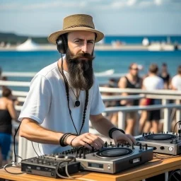 A short brown beard DJ with a hat on his head, sing at microphone, many electronic consoles around, seaside, FRONT VIEW