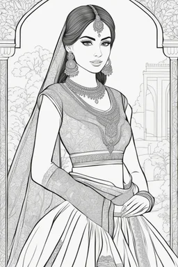 coloring page for adults of fashion model wearing hindi dress, thick and clear lines hair, full body portrait, style clean coloring page for adults, cartoon style, clean line art high detailed, white background, coloring book style, 8k, no-shading, thick lines hair, no-grayscale, lines hair