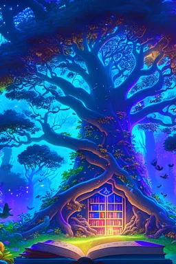 Enchanted libriary filled with ancient tomes of knowledge and magic, mysterious aura and giant tree, 4k resolution, hyper detailed