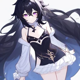 Clear focus, High resolution, rough line sketch art, long black hair, hair between eyes, fluffy hair, purple eyes, wearing a off shoulder shirt, no spaghetti strapes, dark aura, 1girl, wearing a skirt, genshin impact, wearing a little bit revealing outfit