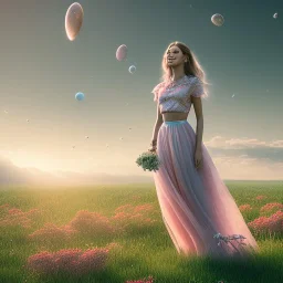 country side A full body portrait very beautiful woman ,smiling, longs hairs,elegant, atmospheric, realistic, cinematic lighting, pink blue light, 8k, galactic atmosphere, flowers