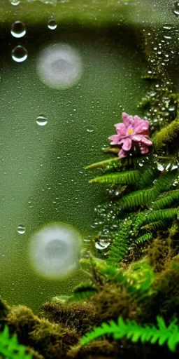 cinematic shot of flowers and ferns inside a test tube, waterdrops, dewdrops, moss, crystal, luxurious, bell jar