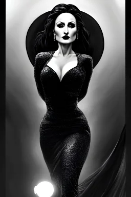 Stunningly gorgeous femme fatale as mortiça addams, full body portrait, perfect face, beautiful eyes, black dress, ring light, Black lipstick, hyper realist, hyper detailed, intricated, realistic shading, unreal engine, octane, final fantasy, karol bak, greg rutkowski, rossdraws, artgerm, wlop, vallejo