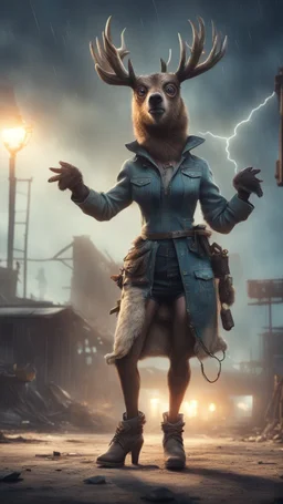 book cover illustration, fallout 4 setting, horror weird cowboy bear elk alien bird walking on stilts in female garments, getting hit by lightening electric arc, with big disturbed eyes,bokeh like f/0.8, tilt-shift lens 8k, high detail, smooth render, down-light, unreal engine, prize winning