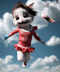 Ultra realistic speed clouds sky scene, wide angle view, child falling down with many Children background, rabbit head, inflatable monsters, circus dress style, feather color, free jumping flying, many trinkets, hair monster, many jelly beans, balls, color smoke, smile, happy, extreme, wind, clouds sea, 20,000 feet altitude, stratosphere, soft color, highly detailed, unreal engine 5, ray tracing, RTX, lumen lighting, ultra detail, volumetric lighting, 3d, finely drawn, high definition.