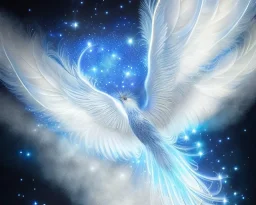 a detailed illustration of a phoenix with shiny blue wings and long glowing sparkly body, luminescent body, glinting spread wings, realistic, soft and smooth glowing wings, soft feathers, macro lens, sharp focus, meticulously detailed, soft studio lighting, smooth blurred gradient background, twinkly eye, 64k, kind