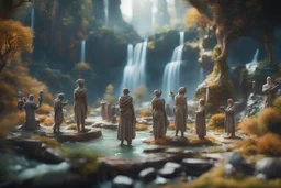 archeologists discovering woodland creatures in Rivendell worshipping alien statues and idols, on a strange planet with weird colors and waterfalls, bokeh like f/0.8, tilt-shift lens 8k, high detail, smooth render, down-light, unreal engine, prize winning