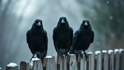 close up photography, three big black crow sitting on top of a wooden fence and looking at the camera, dark thriller mood, shot with sony , winter, high contrast, detailed, high realistic, perfect shoot, professional photography, cinematic