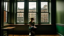A woman sits on a windowsill in a room with wooden floors and green walls. The window is large and rectangular, offering a view of tall buildings with many windows. The woman is wearing casual clothing and has her legs stretched out. The overall tone of the image is calm and contemplative, with a sense of depth.
