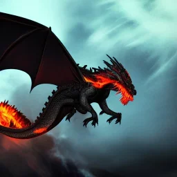  dragon flying with black, opaque scales, volumetric lighting, photo realistic, dark fantasy, dramatic, ferocious, spitting red hot fire out of it's mouth over the ocean with a erupting volcano that is leaking through the sides, dramatique middle ages