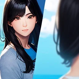 black haired woman, casual clotting, realistic, HD4k, watery cloud background, close up shot,
