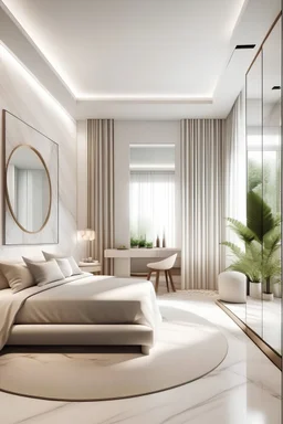 Ultra realistic photo of Modern take on upscale bali inspired small condo white cream stone, light woodl round interor view of bedroom