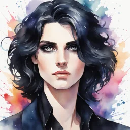 a headshot of an androgynous person with shoulder length black hair and heterochronic eyes, intricately detailed, watercolor splash art