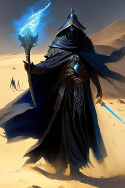 farsi man is the god of power and evil The commander wears a black cloak and a long coat with long combat boots and a long spear with a hat under his cloak with blue flame eyes, a sword like a spear The sun in the palm of a brave man in the middle of the desert A battle iron suit with the ability to fly, made for humans