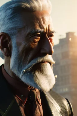 Old man Cyborg anime warrior, grey hair, trimmed grey beard,brown eyes, waist up portrait, 8k resolution, intricate details, ornate details, soft lighting, vibrant colors, retroanime, futuristic cityscape background