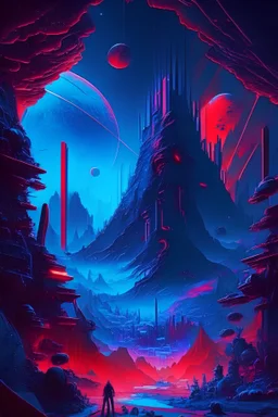 Majestic tech world, psychedelic, blue tones, tech landscape, a hint of red shown as violence or a threat, new unique world of tech