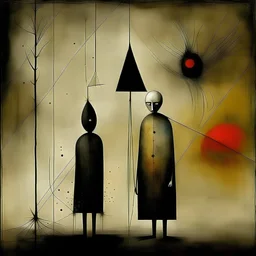 Style by Gabriel Pacheco and Joan Miro and Clive Barker, abstract surreal art, a metaphorical representation of an ephemeral trianglular relationship to rivalry, lunatic grass shine textures, surreal masterpiece, juxtaposition of the uncanny and the banal, sharp focus, weirdcore, never-before-seen