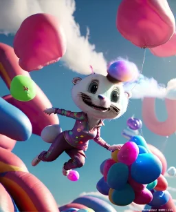 Ultra realistic speed clouds sky scene, wide angle view, sweet women falling down, inflatable color clothing, free jumping flying, many trinkets, hair monster, many jelly beans, balls, color smoke, smile, happy, circus style, extreme, wind, 20,000 feet altitude, stratosphere, soft color, highly detailed, unreal engine 5, ray tracing, RTX, lumen lighting, ultra detail, volumetric lighting, 3d, finely drawn, high definition, high resolution.