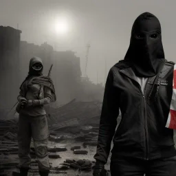 women, faces covered in black masks, ragged clothes, holding flag, war-torn, destroyed city in the background, 8k resolution, hyperrealistic, detailed matte painting, b&w, dynamic lighting, war, anarchy, terrorists