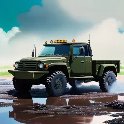 hyperrealistic shot, muddy military toy truck, monotone color palette, sharp focus, puddle reflection, tire mud splash, refraction, mist on the horizon, lightning, shadowcast, detailed and intricate, cinematic composition, micro, tilt shift photography