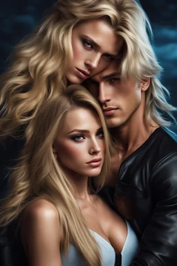 A photo realistic portrait of a stunning blonde girl and muscular long haired blonde male in a lovers embrace in modern clothing