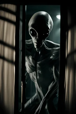 A dynamic shot of a gray alien peeking through a window at night, dark shadows and gauzy curtain blown by wind, shot with a film camera and wide angle lens, shot from a low position to add fear
