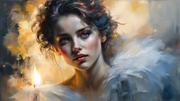 Portrait of a stunningly beautiful woman made of tulle, detailed fabric painting, Candlelight Insanely detailed painting by Pino Daeni, Jeremy Mann, Carne_Griffiths, Vadim Kashin, James Gurney, texture, 16k resolution, fine art, natural light, beautiful